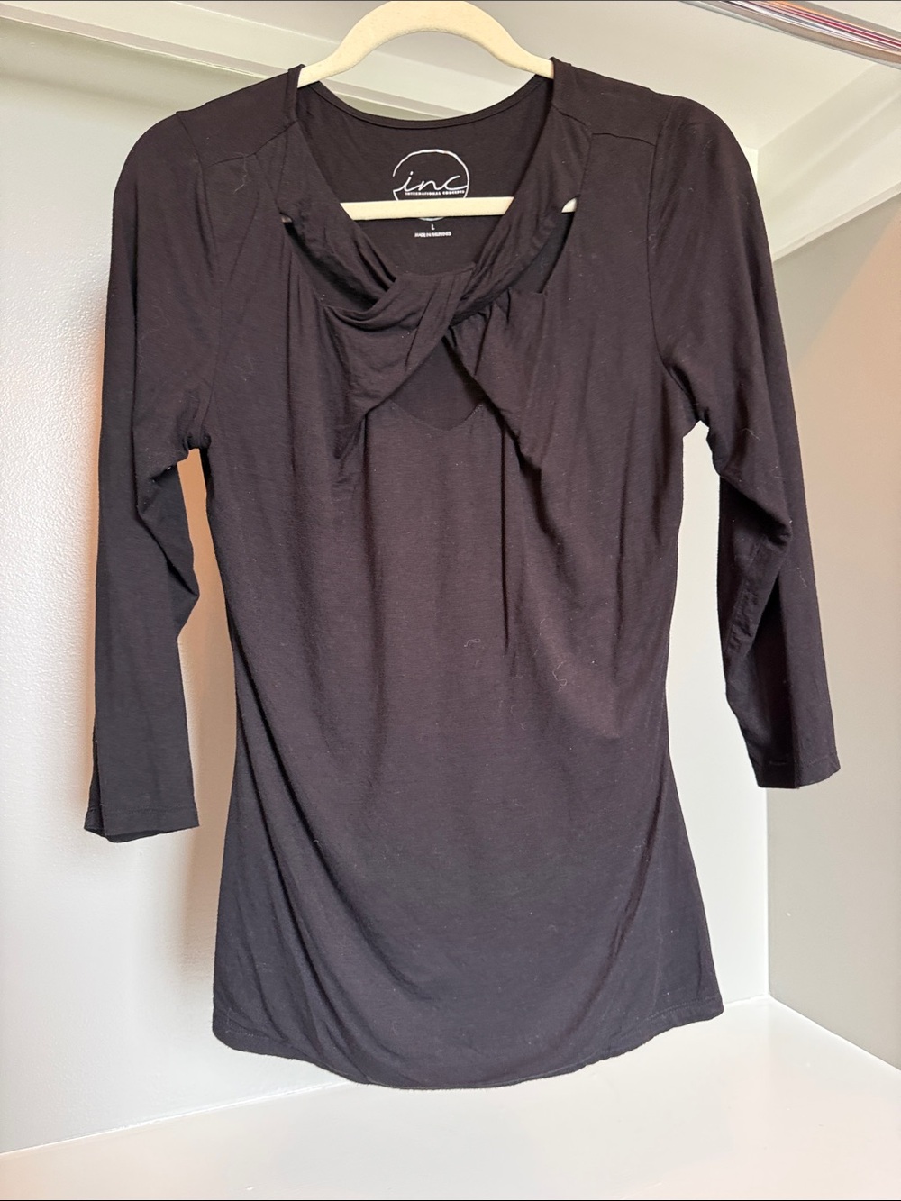 INC International Concepts Black Long-Sleeve Twist-Neck Top